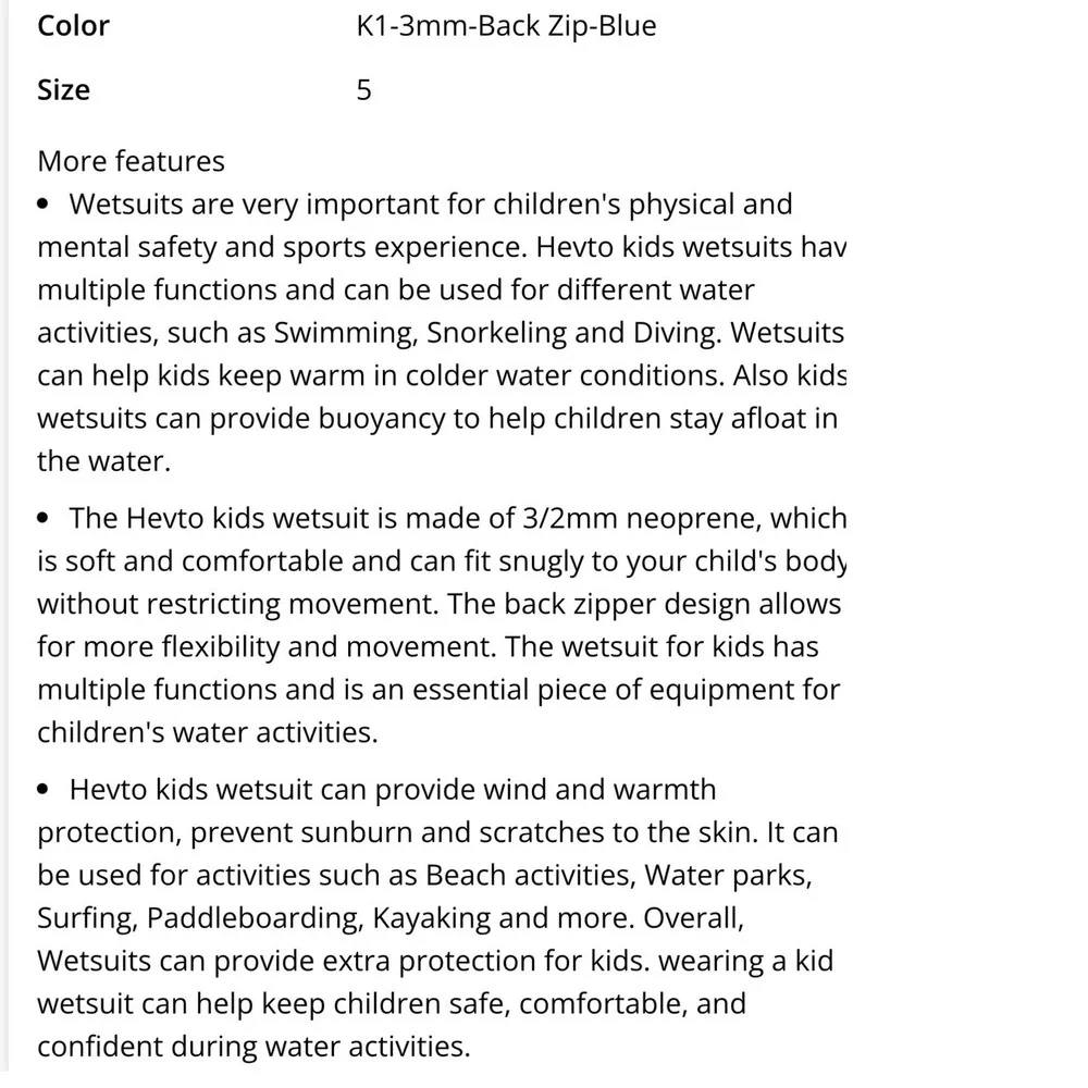 Hevto KidsWetsuit 3/2mm Neoprene Full Body ScubaDiving Surfing Blue Black Size 5